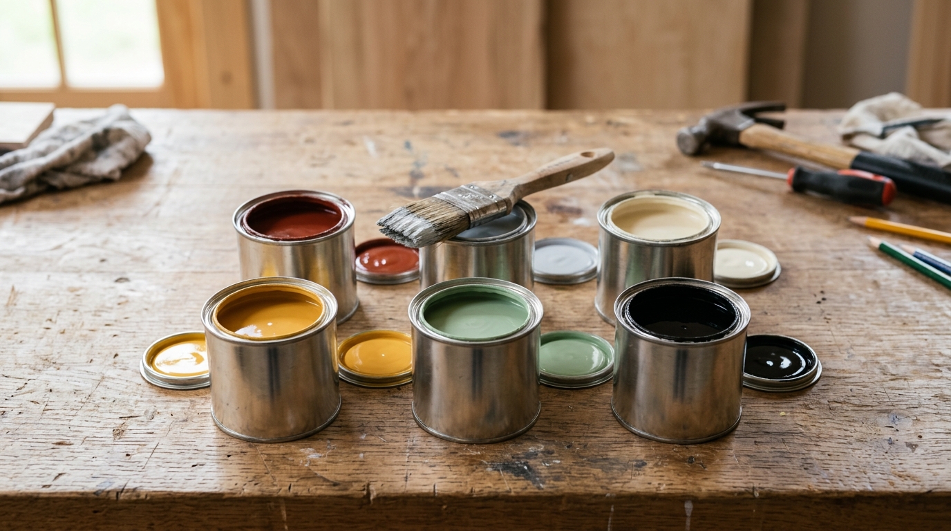 Plusieurs petits pots de primaire ouverts aux couleurs variées posés sur un établi en bois