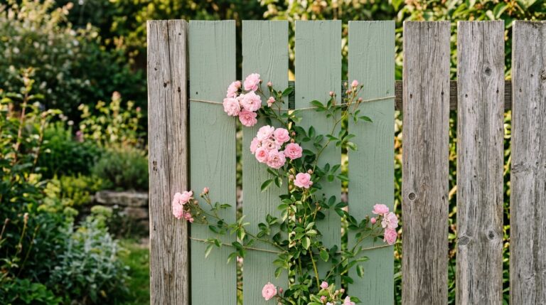 Clôture décorée avec des éléments floraux Clôture relookée avec fleurs et peinture colorée