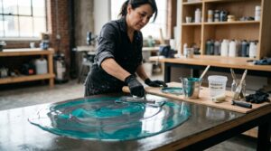 Peintre appliquant un revêtement époxy brillant bleu-gris sur une surface lisse en atelier