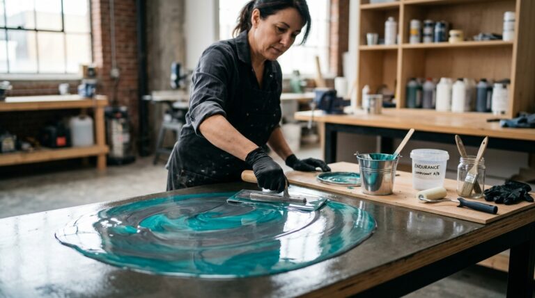 Comment choisir et réussir la peinture de la résine époxy ? Peintre appliquant un revêtement époxy brillant bleu-gris sur une surface lisse en atelier
