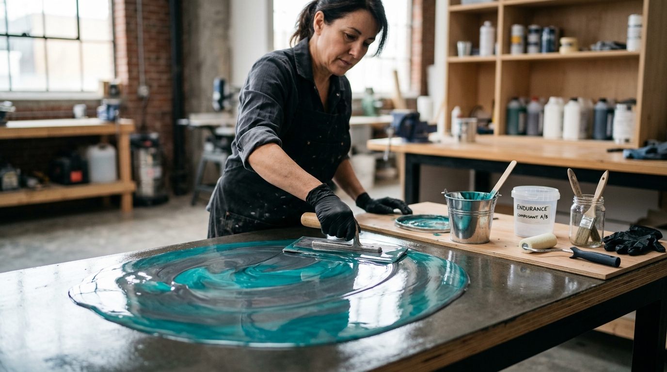 Peintre appliquant un revêtement époxy brillant bleu-gris sur une surface lisse en atelier