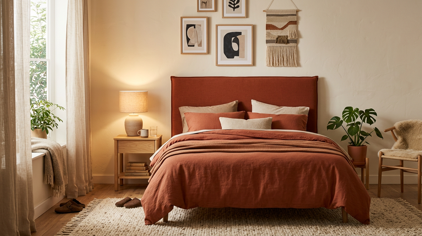 Chambre cocooning avec tête de lit et linge de lit terracotta