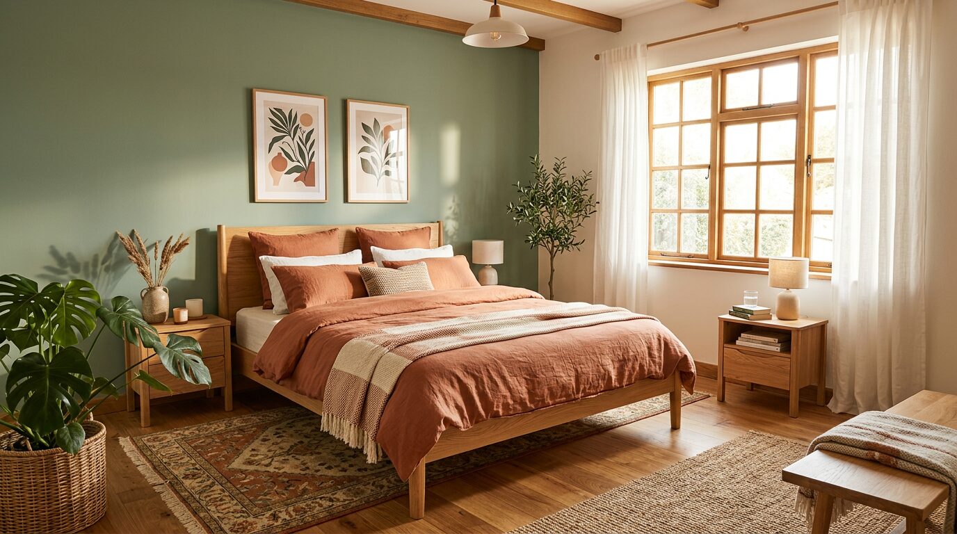 Chambre vert sauge et terracotta Chambre avec mur vert sauge et linge de lit terracotta sur structure en bois