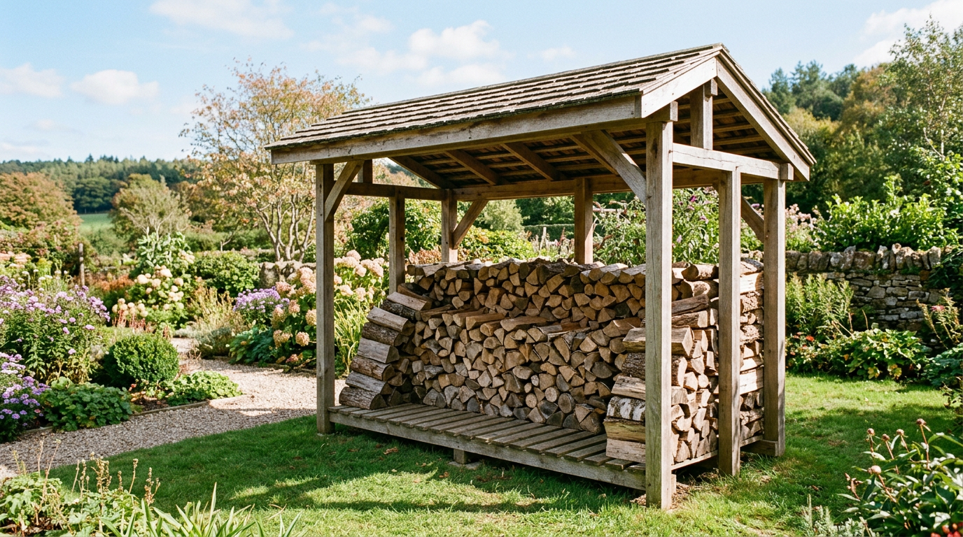 Sechage de buches sous abri ventile Buches de bois empilees sous un abri ventile pour le sechage