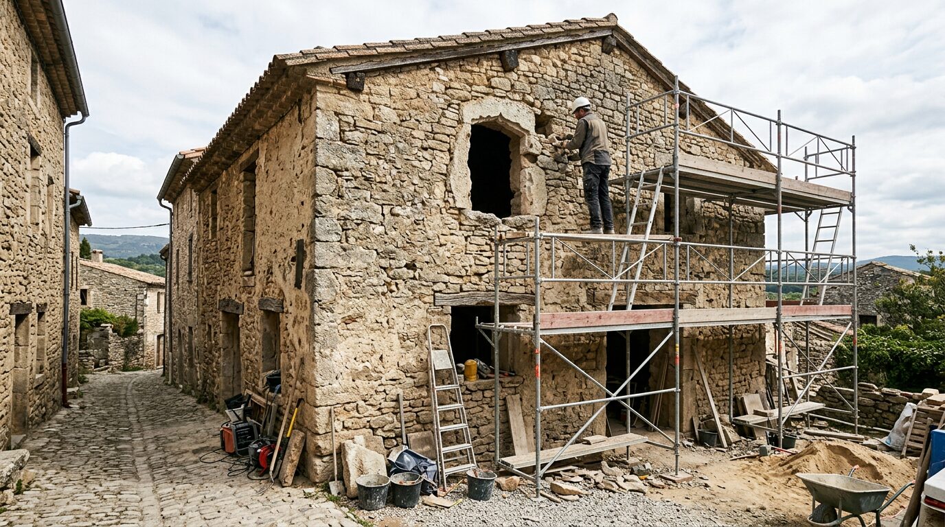 Rénovation fenêtre sur-mesure ancienne Façade en pierre ancienne en rénovation avec ouverture de fenêtre atypique