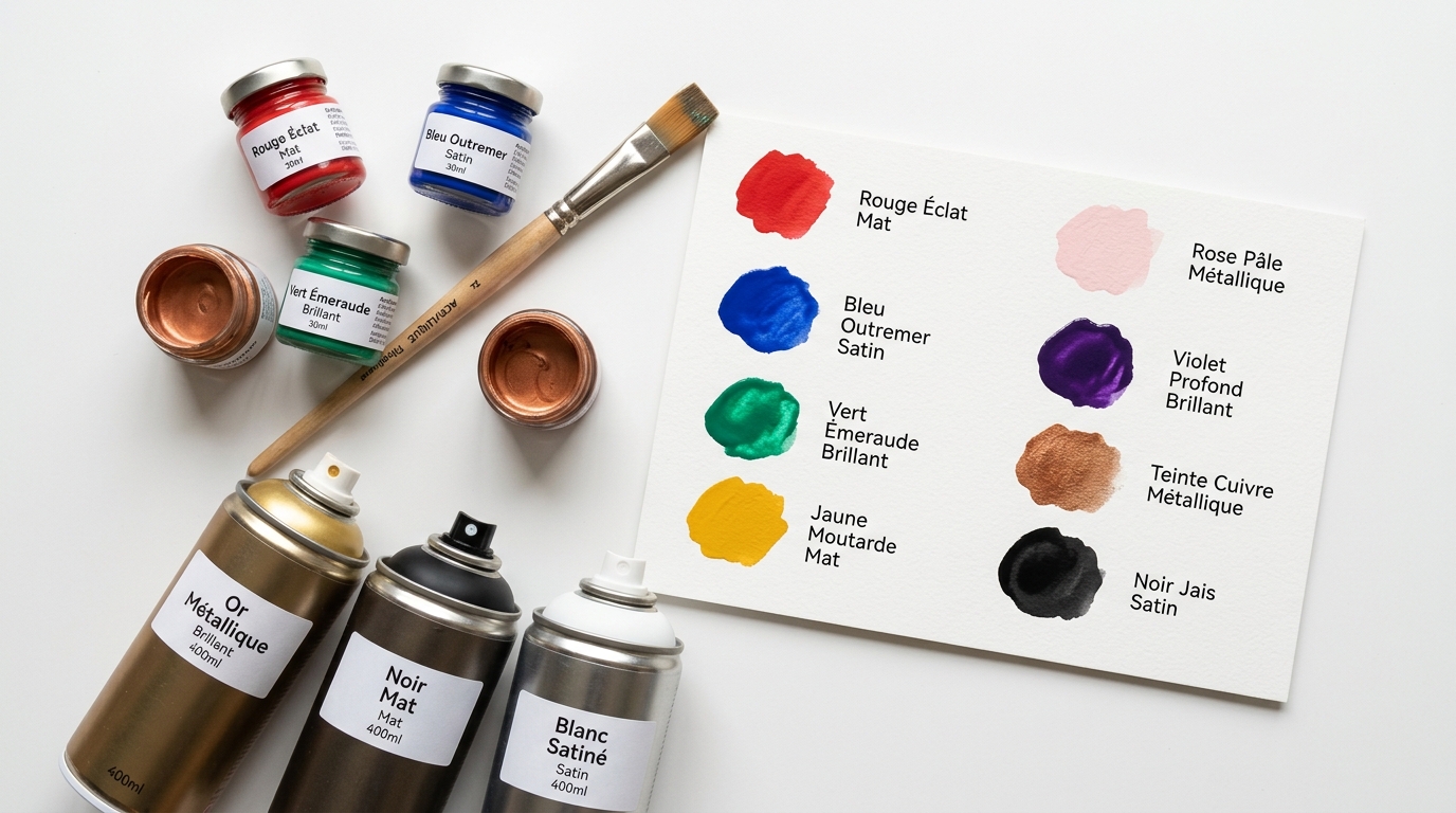 Différents types de peinture en pots, bombes et pinceaux avec échantillons de finitions