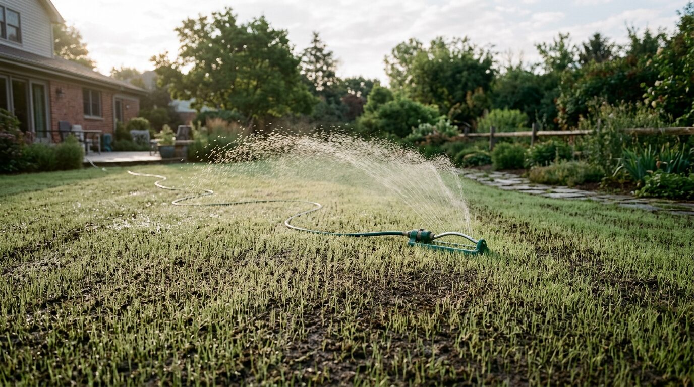 Arrosage en pluie fine d'un jeune gazon semee avec de fines pousses vertes