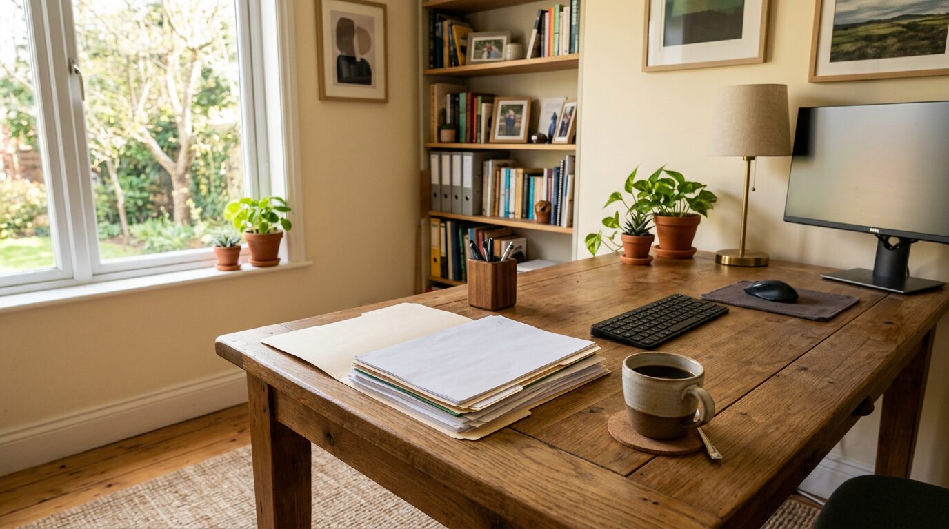 Bureau à domicile chaleureux avec documents administratifs sur une table en bois