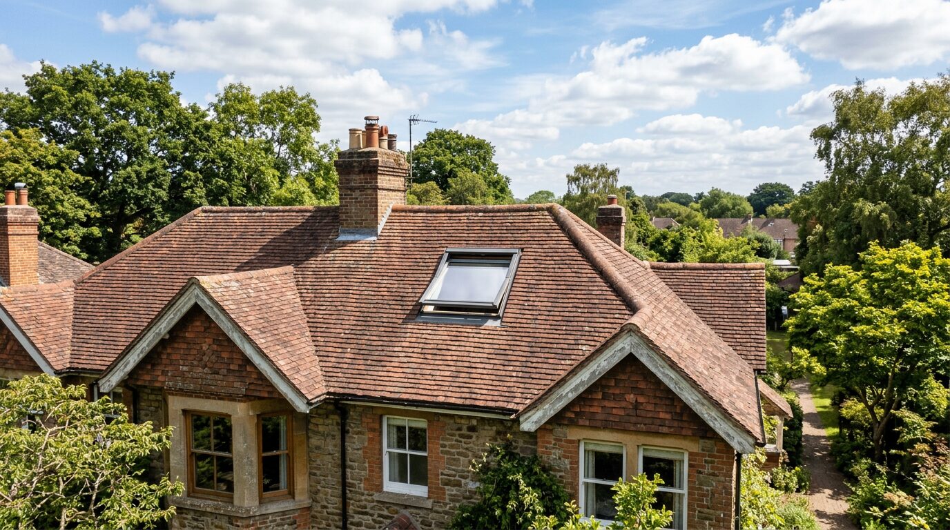 Toiture maison fenêtre de toit extérieur Toiture de maison avec une fenêtre de toit vue de l'extérieur
