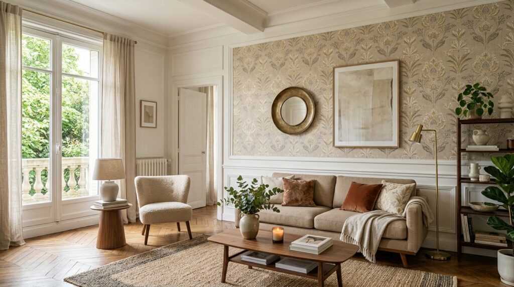 Mur accent papier peint motifs élégants Salon avec mur d'accent en papier peint à motifs élégants