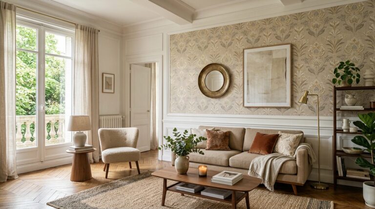 Mur accent papier peint motifs élégants Salon avec mur d'accent en papier peint à motifs élégants