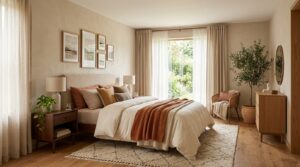 Chambre moderne avec palette de couleurs murales chaleureuse et douce