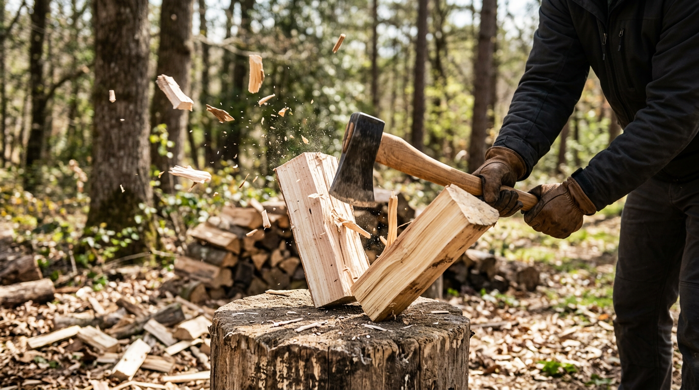 Fendre une buche de bois tendre a la hache Buche de bois tendre fendue a la hache sur un billot exterieur