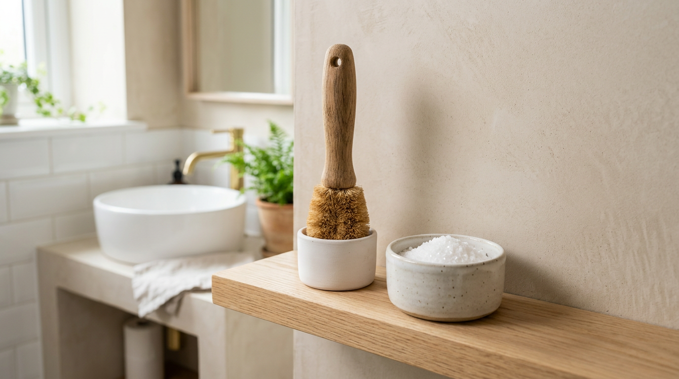 Nettoyage écologique naturel des toilettes à domicile Brosse de toilettes et bol de poudre blanche naturelle sur une tablette de salle de bain