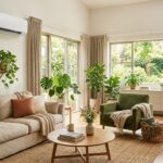 Salon cosy équipé d'un climatiseur réversible mural pour l'été