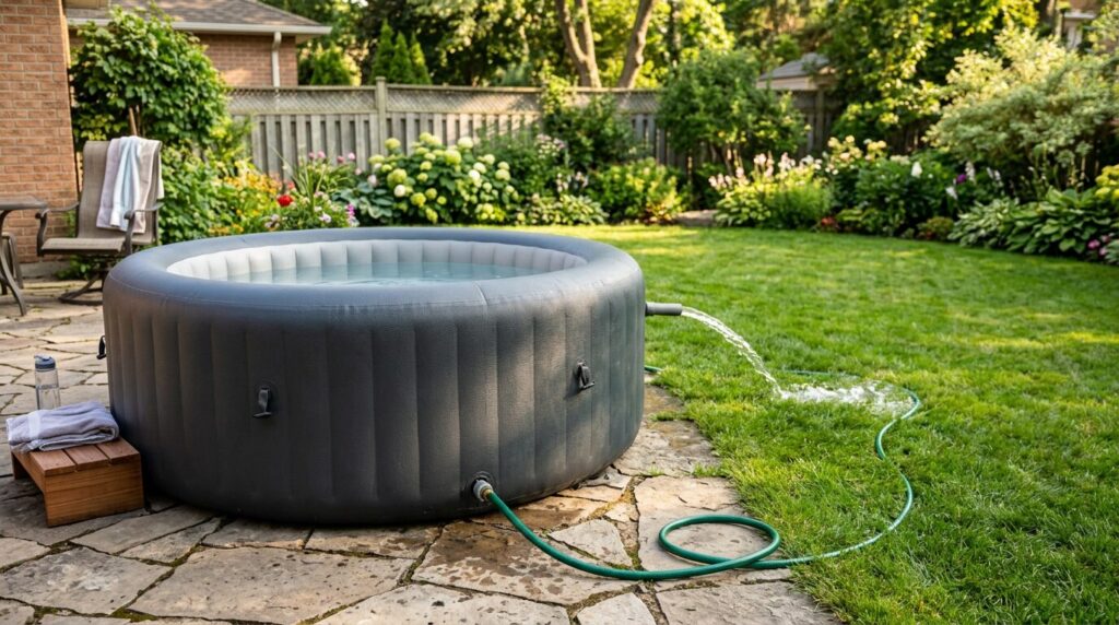 Vidange spa gonflable au tuyau d arrosage Spa gonflable exterieur relie a un tuyau d arrosage pour la vidange sur une terrasse
