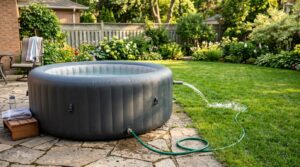 Spa gonflable exterieur relie a un tuyau d arrosage pour la vidange sur une terrasse