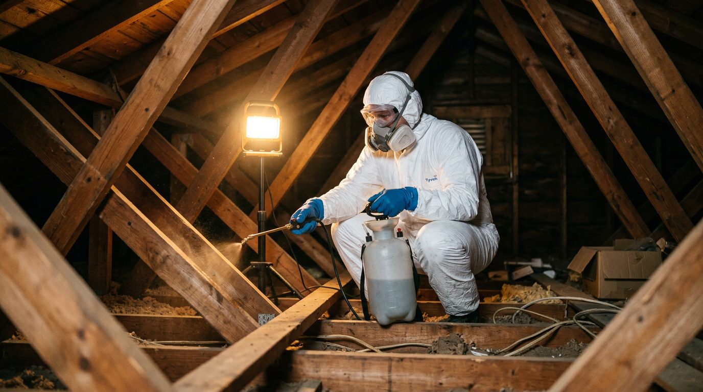 Technicien qui applique un traitement fongicide sur une charpente en bois dans des combles