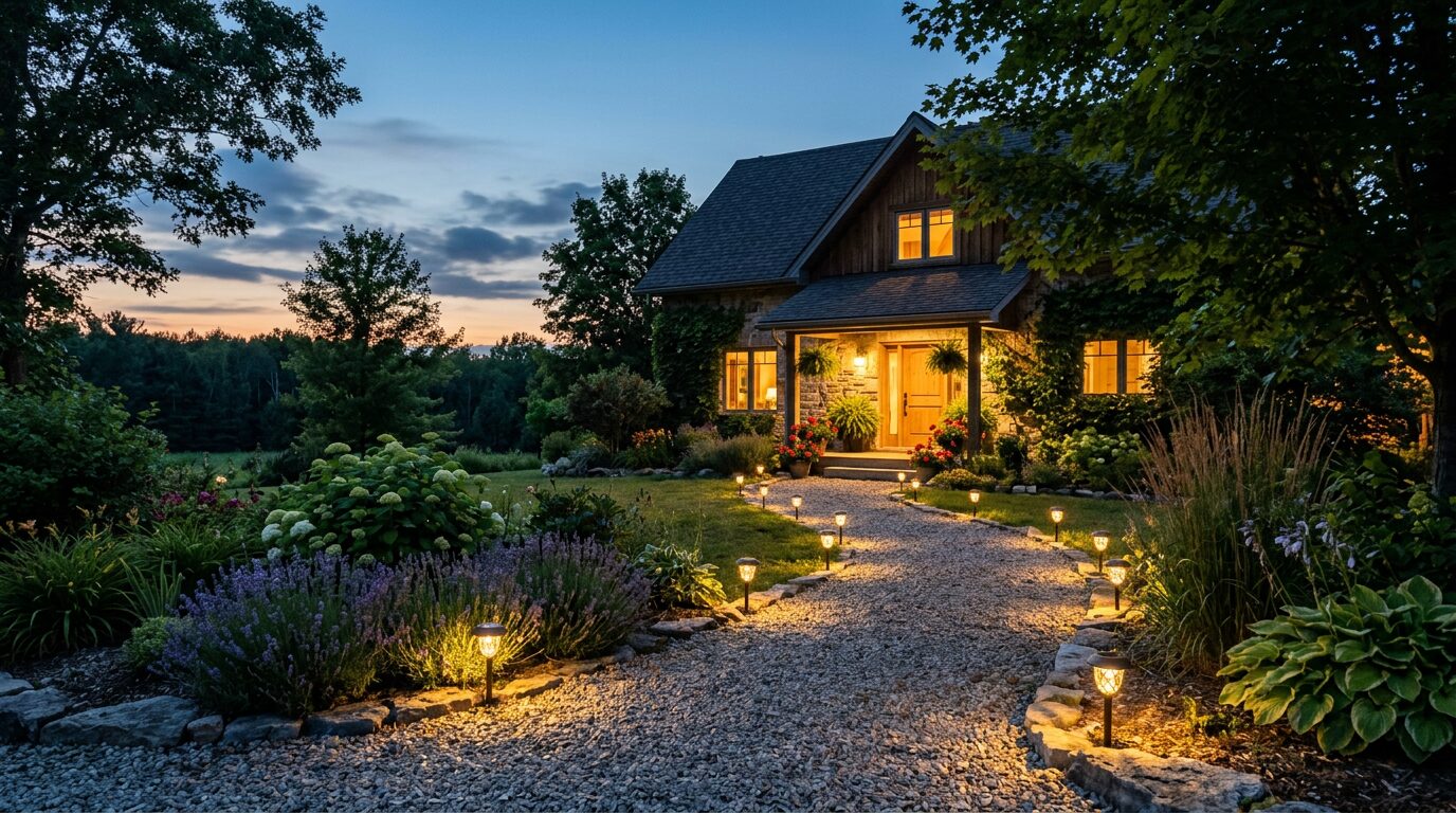 Éclairage solaire discret pour allée d'entrée Bornes solaires éclairant une allée de jardin au crépuscule
