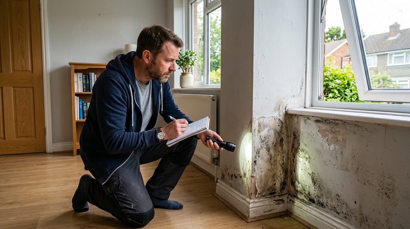 Personne qui inspecte une zone humide avec une lampe avant d appeler un professionnel