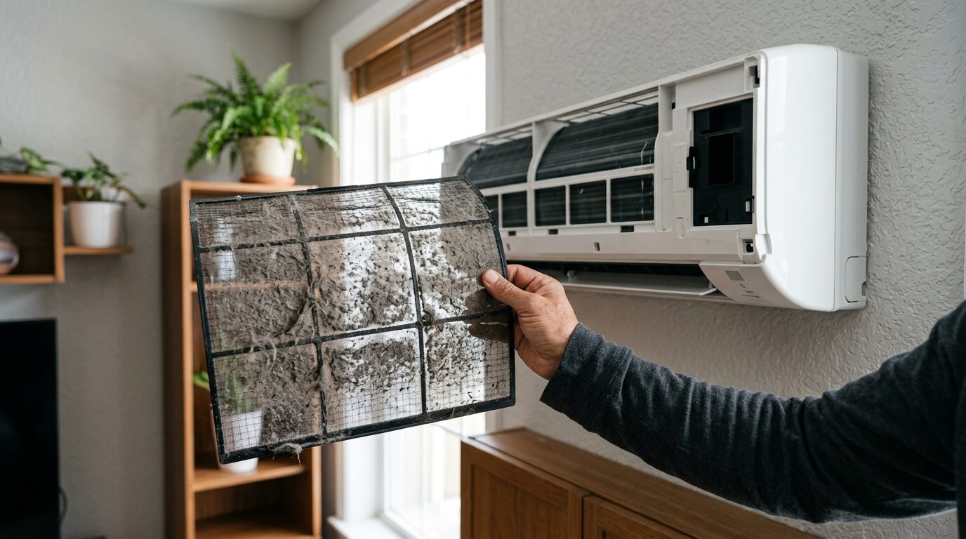 Filtre de climatiseur encrassé retiré pour inspection Main tenant un filtre de climatiseur couvert de poussière avant nettoyage