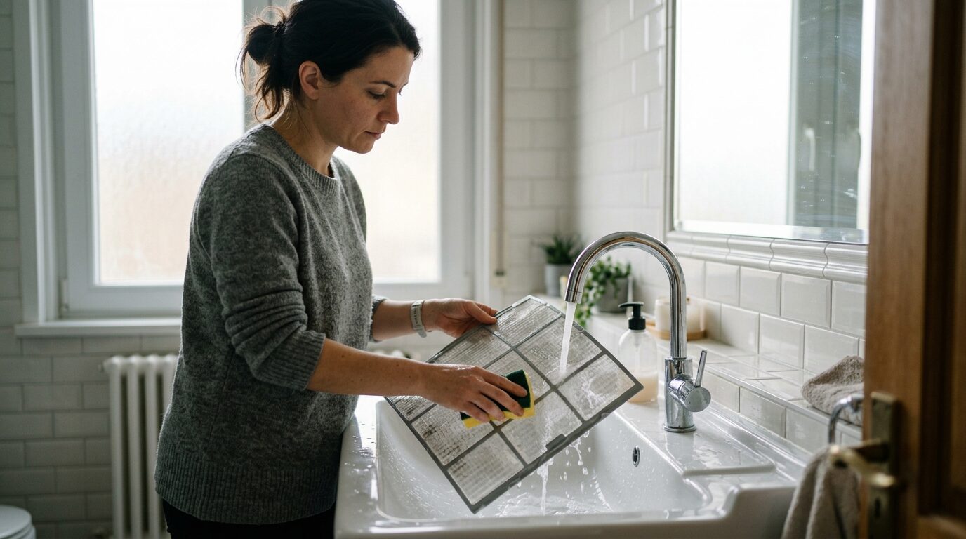 Lavage à l'eau tiède d'un filtre de climatiseur Personne rinçant un filtre de climatiseur à l'eau tiède dans un évier