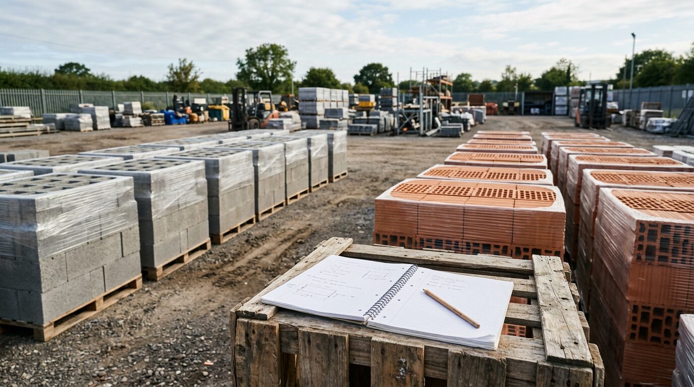 Stocks de parpaings et de briques comparés Palettes de parpaings et de briques côte à côte dans un dépôt de matériaux de construction