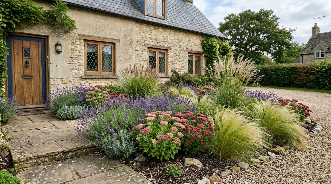 Massif de plantes vivaces économiques devant maison Massif de vivaces en fleurs devant la façade d'une maison