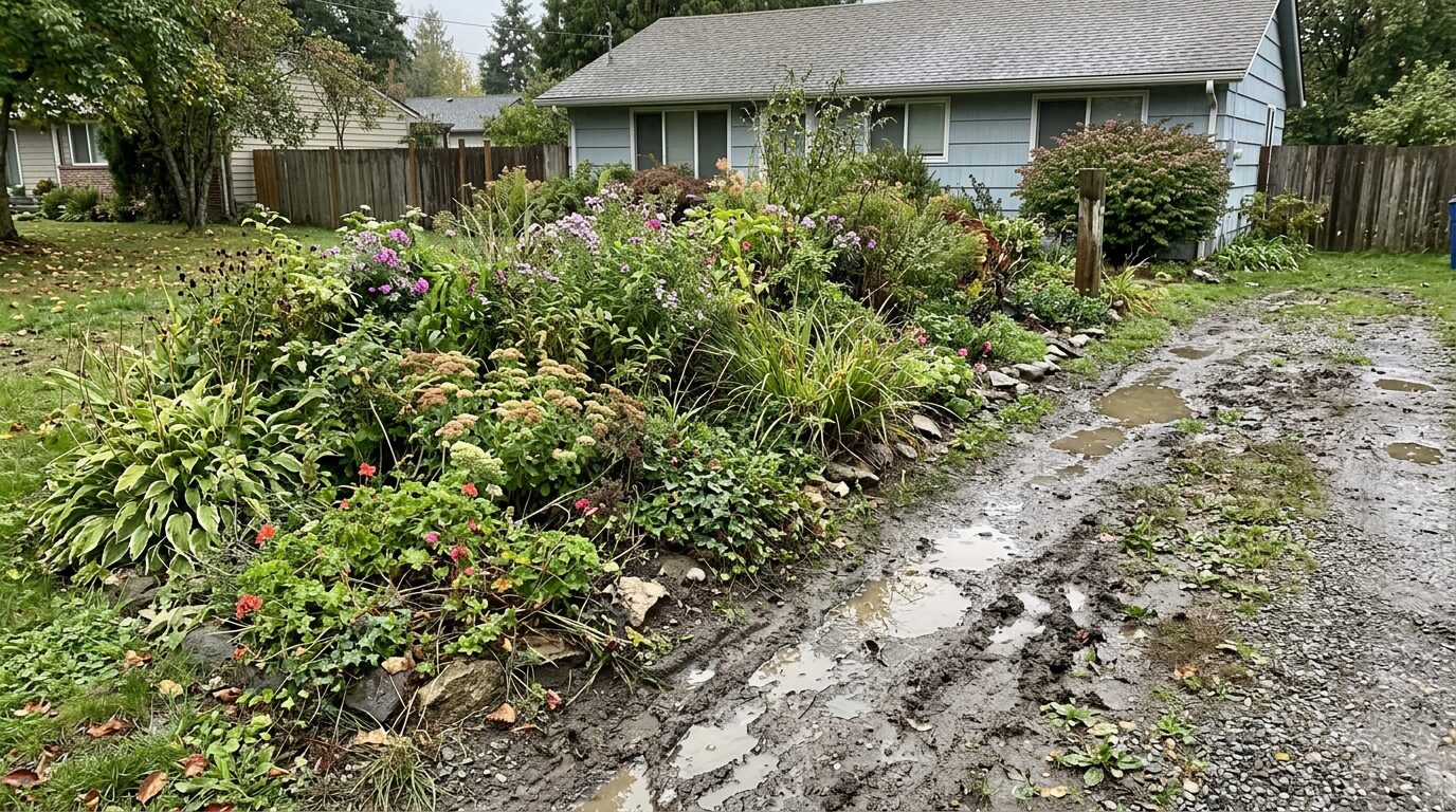 Erreurs fréquentes d'aménagement extérieur à éviter Massif surchargé et gravier mal drainé devant une maison