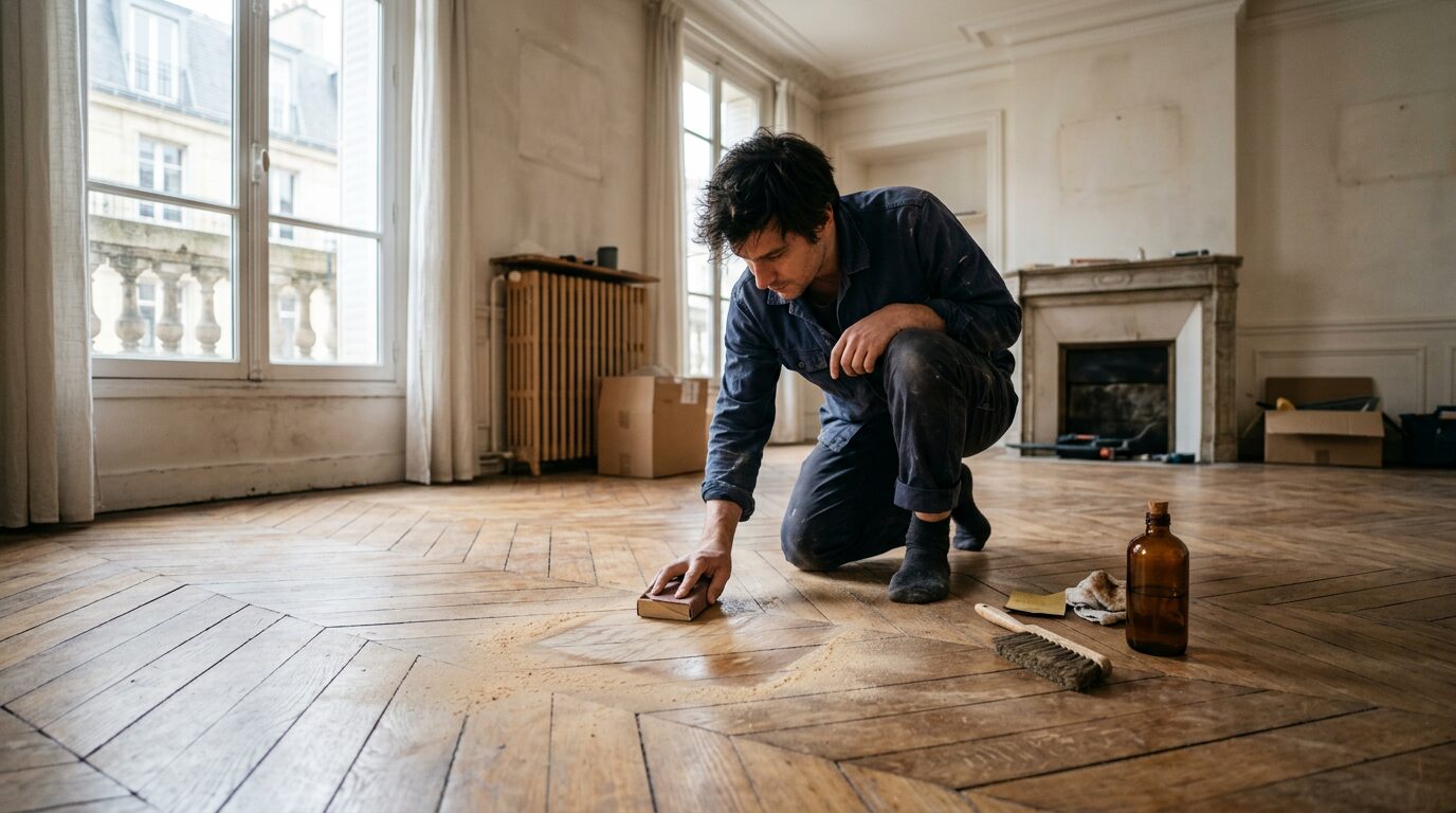 Ponçage léger d'un parquet en bois taché Ponçage manuel d'une zone de parquet en bois avant application d'une nouvelle finition