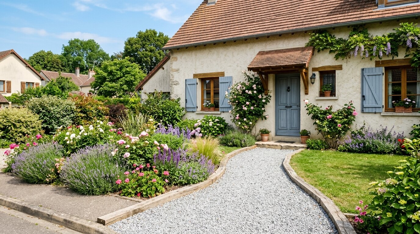 Entrée de maison aménagée avec allée gravier Allée en gravier avec massif de vivaces devant une maison