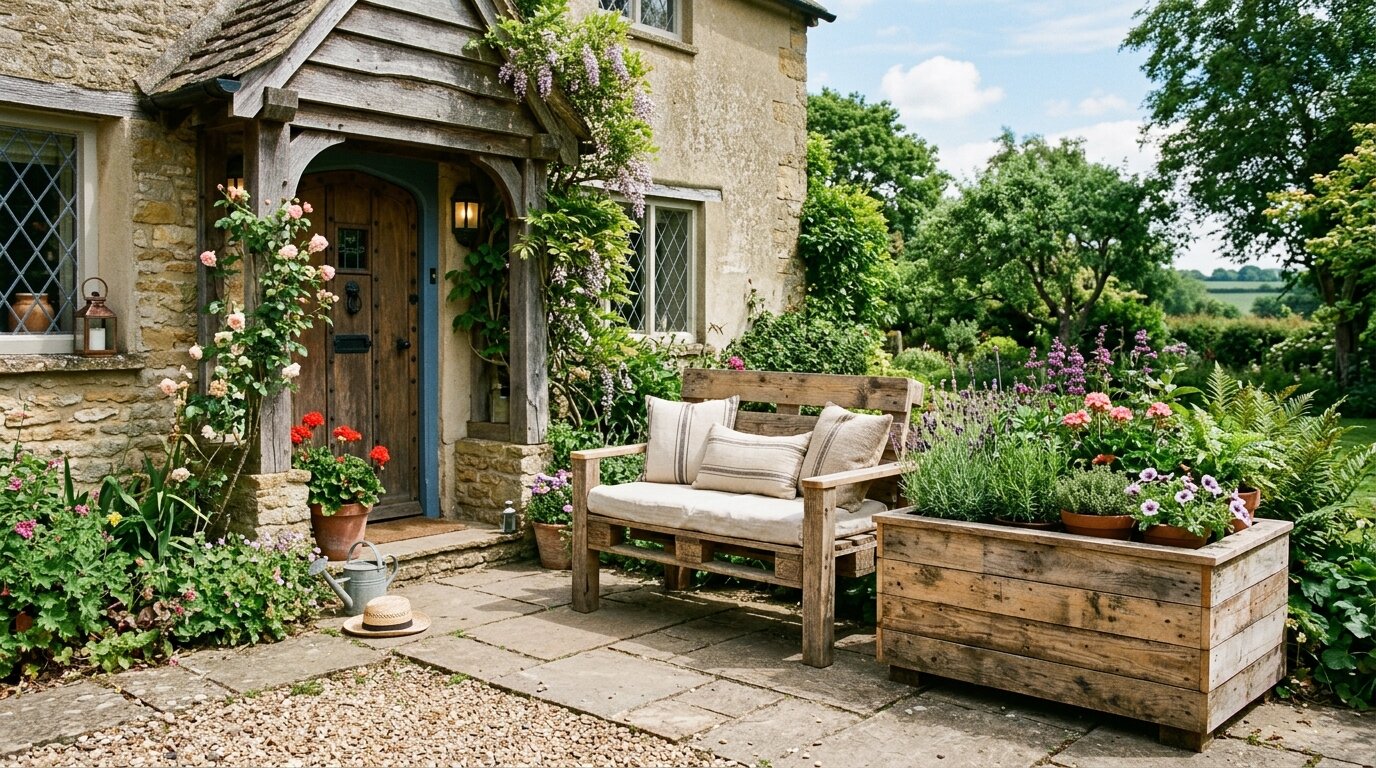 Mobilier extérieur fabriqué en palettes recyclées Banc et jardinière fabriqués à partir de palettes en bois récupérées