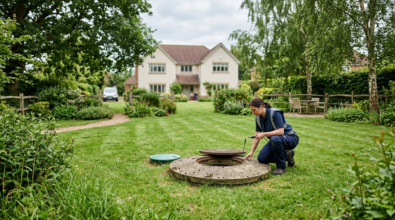 Technicien inspectant une installation d'assainissement individuel dans un jardin