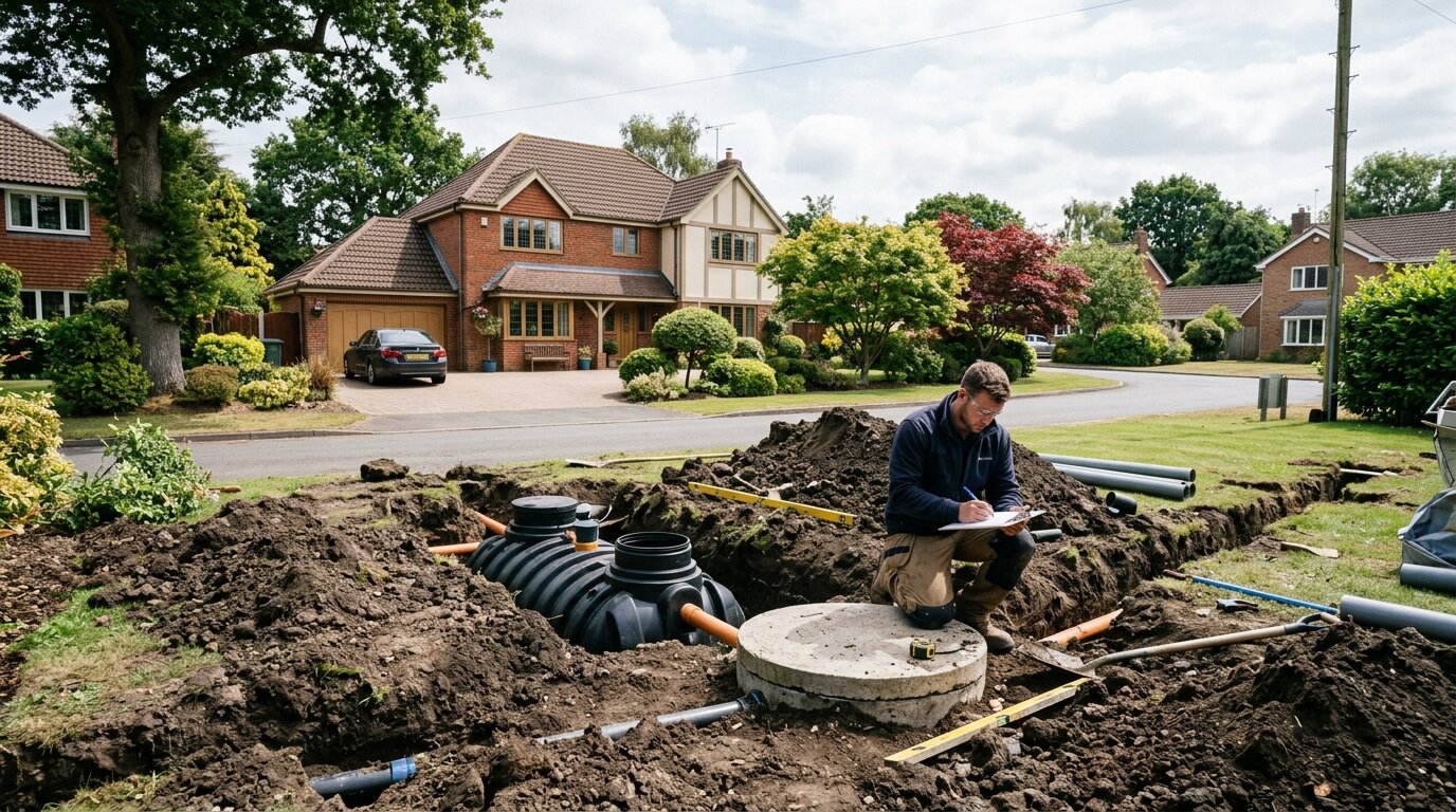 Technicien réalisant un diagnostic d'assainissement non collectif près d'une maison