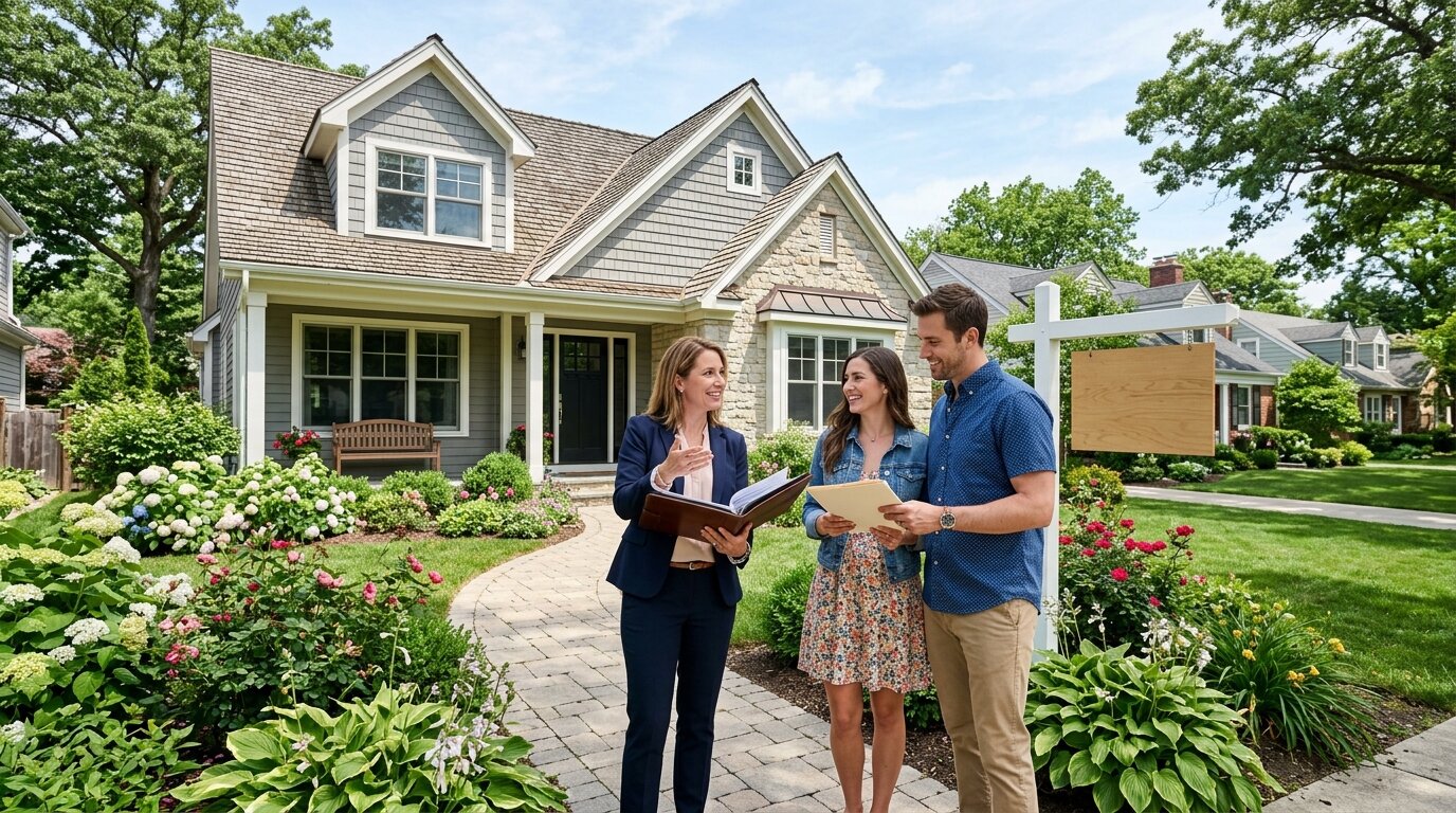 Agent immobilier et acheteurs devant une maison individuelle avec jardin