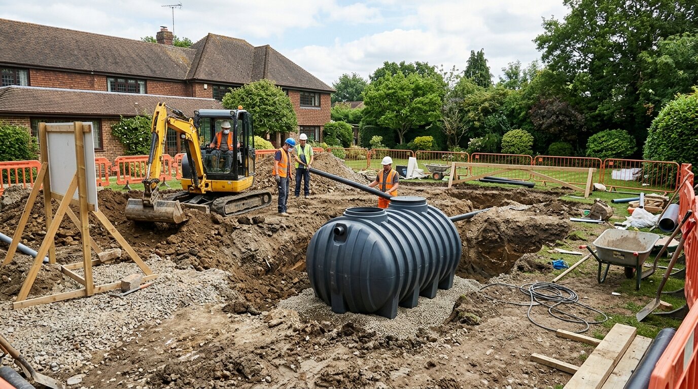 Chantier de réhabilitation avec cuve de traitement enterrée dans un jardin