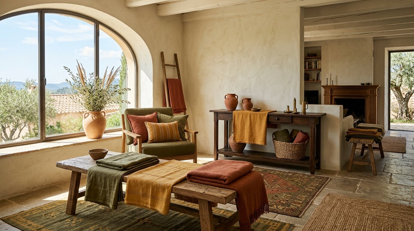 Palette de couleurs italiennes avec textiles terracotta ocre et vert olive