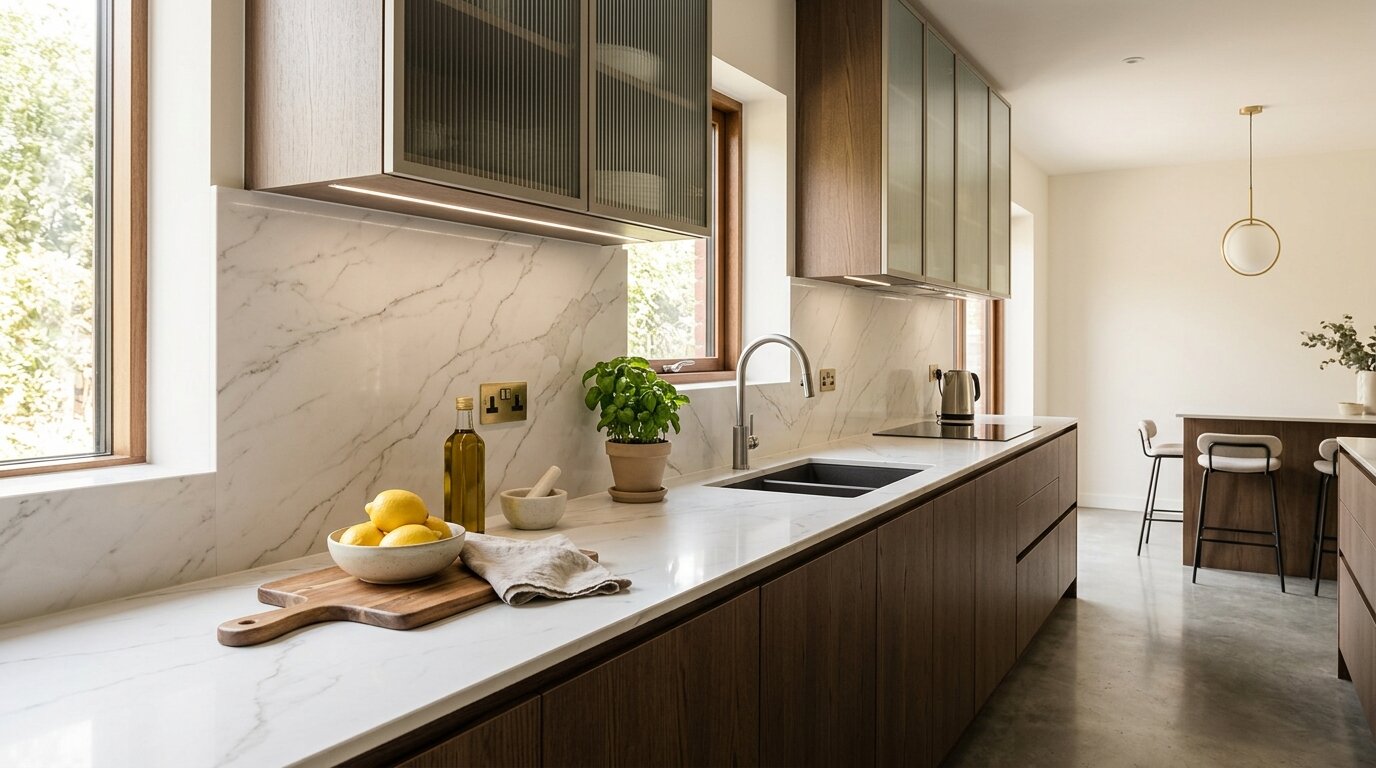 Cuisine moderne avec crédence en carrelage effet marbre abordable