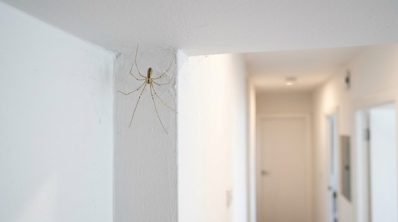 Araignee pale dans un angle de plafond clair Araignee aux longues pattes fines nichee dans un angle de plafond blanc