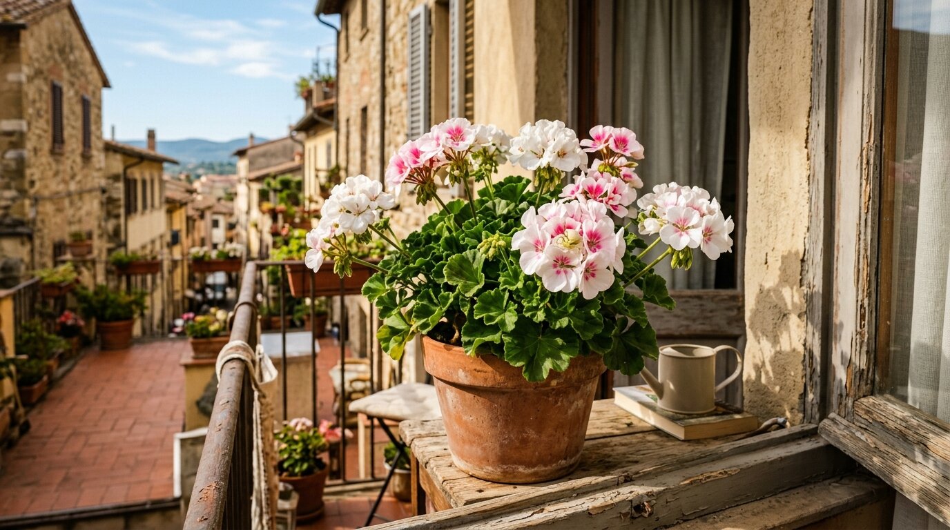Petite araignee camouflee sur des fleurs de balcon Araignee blanche discrete posee parmi des fleurs claires sur un balcon ensoleille