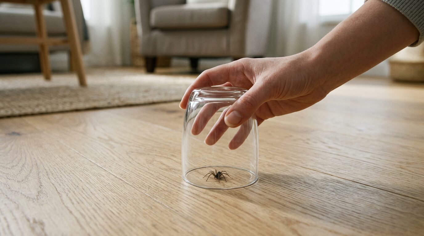 Capture douce dune araignee avec un verre Main posant delicatement un verre retourne sur une petite araignee au sol
