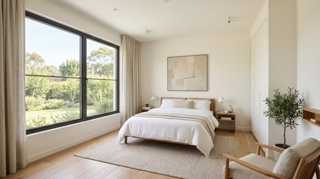Interieur propre et lumineux sans insectes Chambre lumineuse et bien entretenue avec moustiquaire a la fenetre