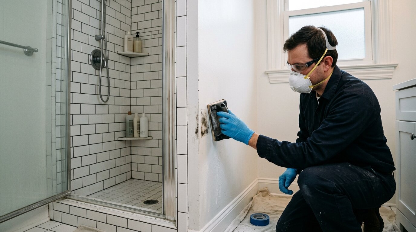 Poncage d une tache de moisissure noire sur une plaque de platre pres d une douche