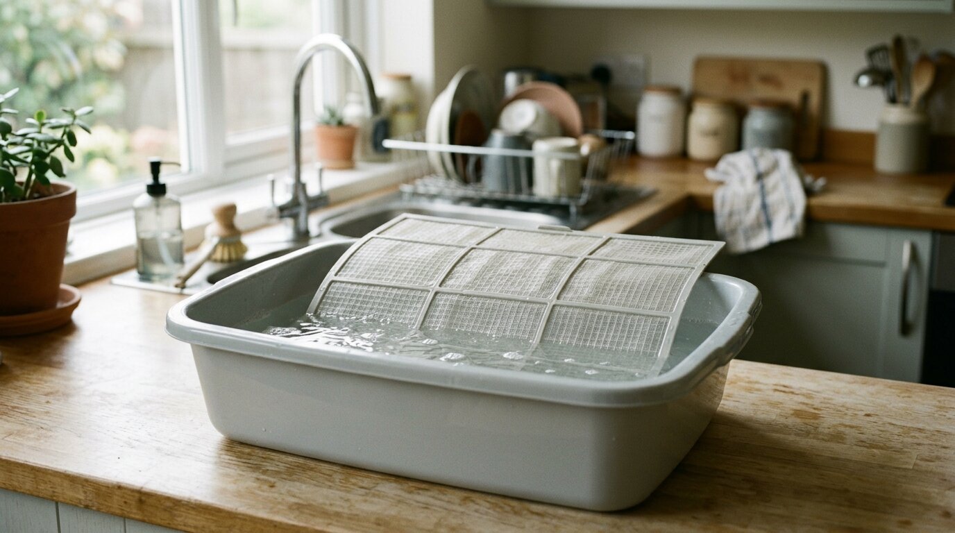 Filtre de climatiseur trempant dans du vinaigre blanc Filtre de climatisation immergé dans un bac d'eau et de vinaigre blanc