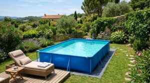 Piscine tubulaire hors sol avec eau claire dans un jardin ensoleillé en été