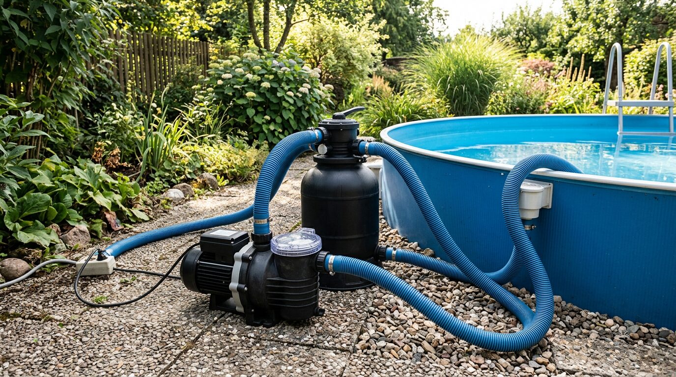 Système de filtration piscine hors sol Pompe et cartouche de filtration installées à côté d'une piscine hors sol