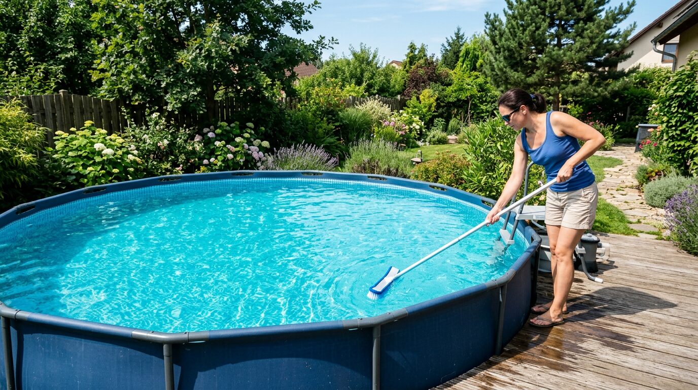 Nettoyage de la ligne d'eau piscine Personne brossant la paroi et la ligne d'eau d'une piscine hors sol avec une brosse