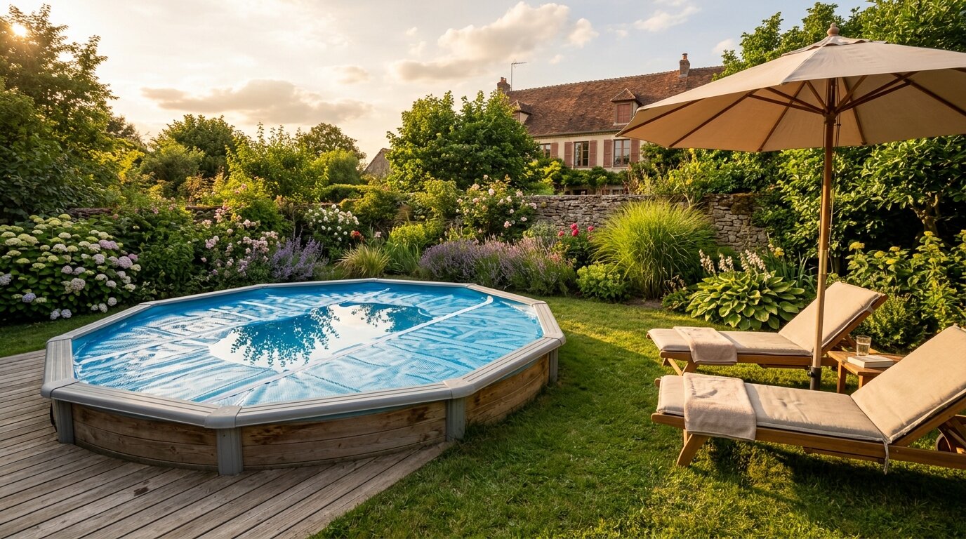 Bâche à bulles piscine hors sol Piscine hors sol couverte d'une bâche à bulles dans un jardin en été