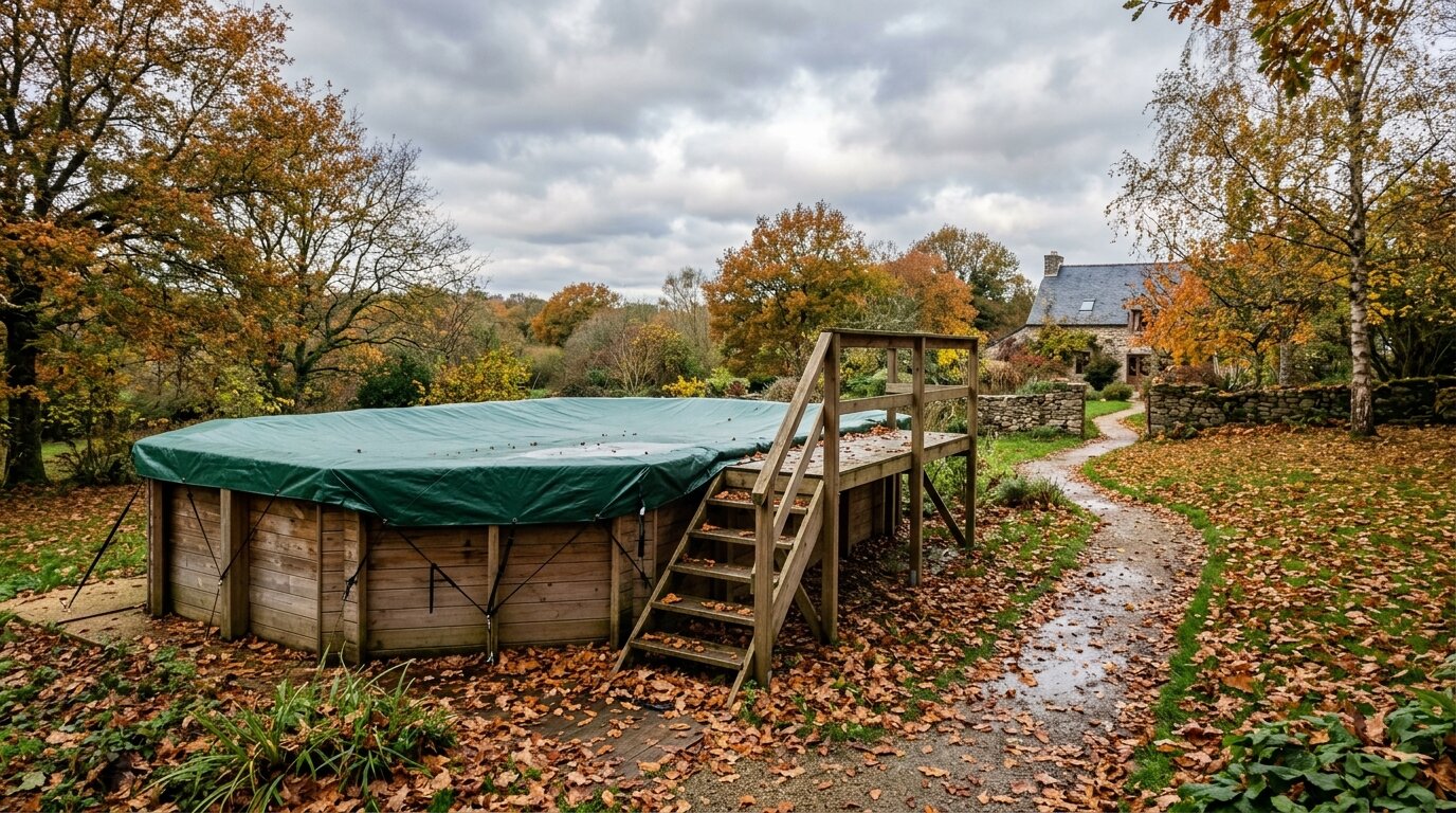 Hivernage piscine hors sol en bois Piscine hors sol en bois couverte d'une bâche d'hivernage dans un jardin en automne