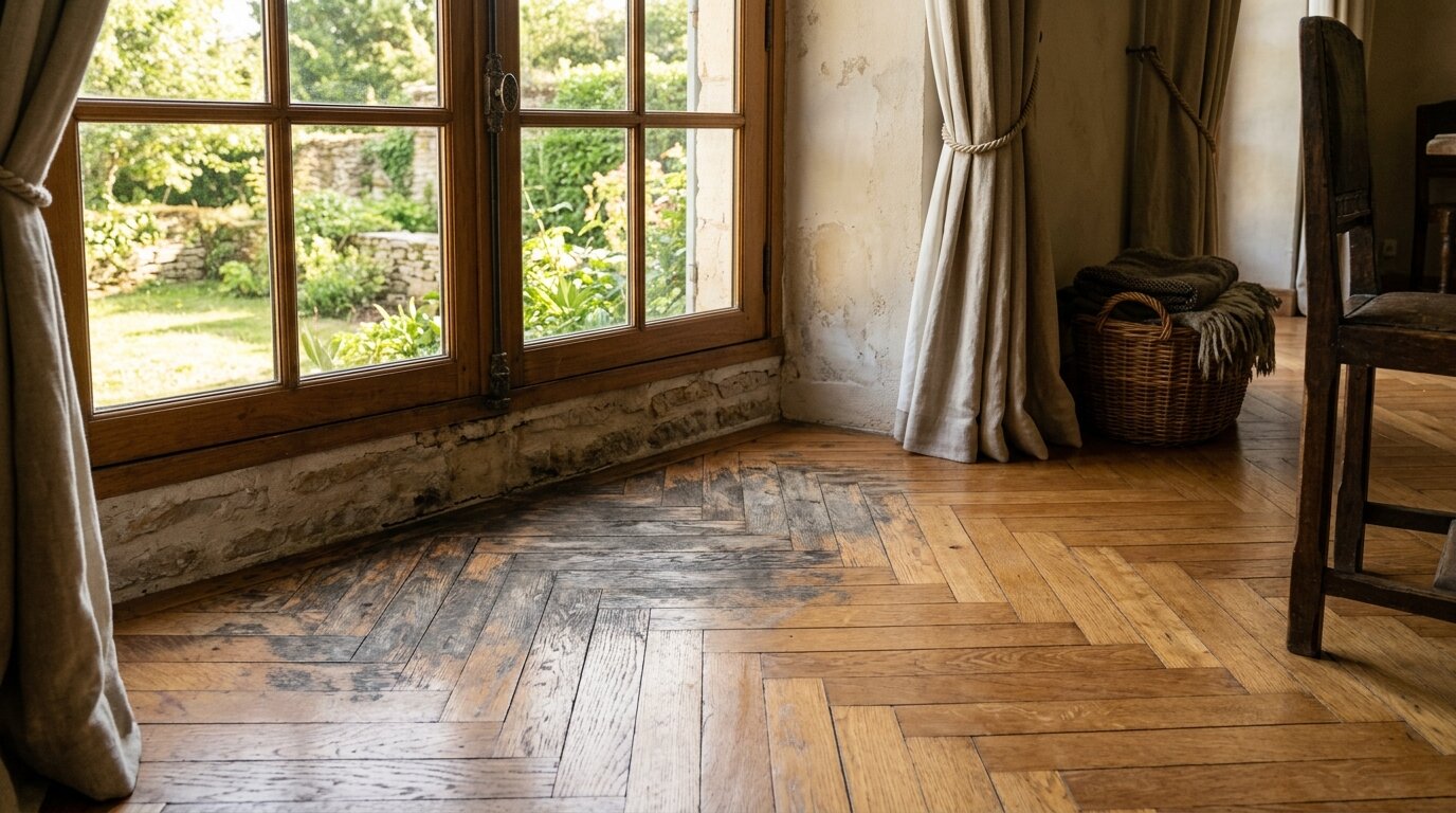 Parquet en bois taché par l'humidité près d'une fenêtre Parquet en bois clair avec une zone sombre tachée par l'humidité près d'une fenêtre lumineuse